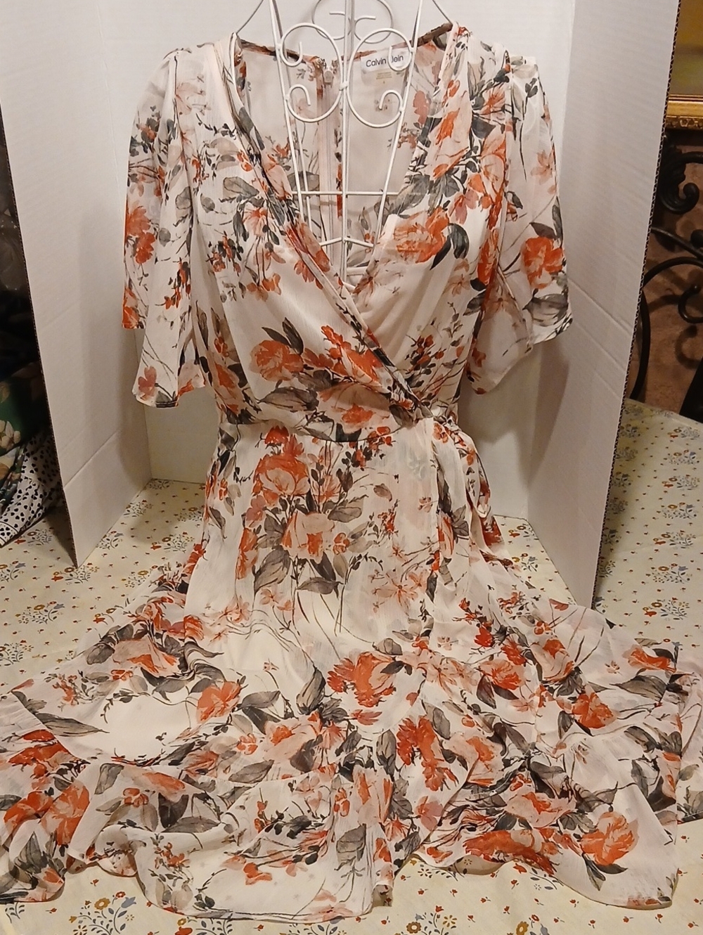 Calvin Klein Cream Floral Wrap Midi Dress with Orange and Gray Blooms